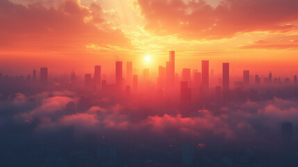 Fototapeta premium Cityscape Above the Clouds: A majestic panoramic view of a modern city skyline bathed in the warm glow of a vibrant sunset, with fluffy clouds swirling below, evoking a sense of awe and inspiration. 