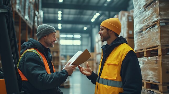 Forklift driver talking with manager in modern industrial factory Warehouseman reading order order picking Warehouse worker preparing products for shipmennt delivery checking stock in  : Generative AI
