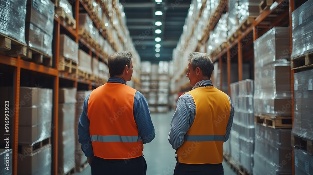 Aufkleber chief engineer wearing orange safety vest communicating with male engineer staff to assign and contr