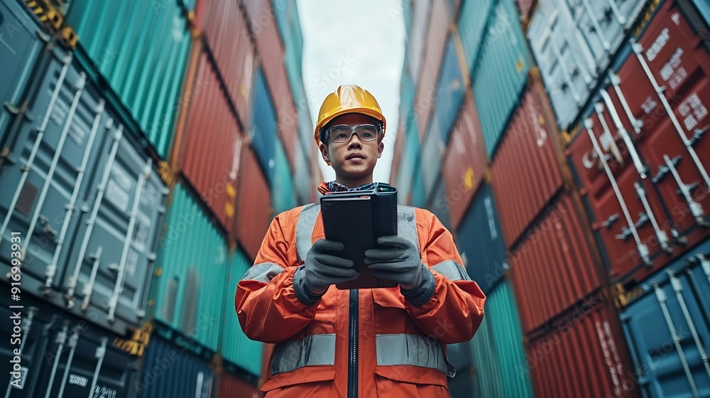 Aufkleber business and technology digital future cargo logistics transportation import export concept engineer