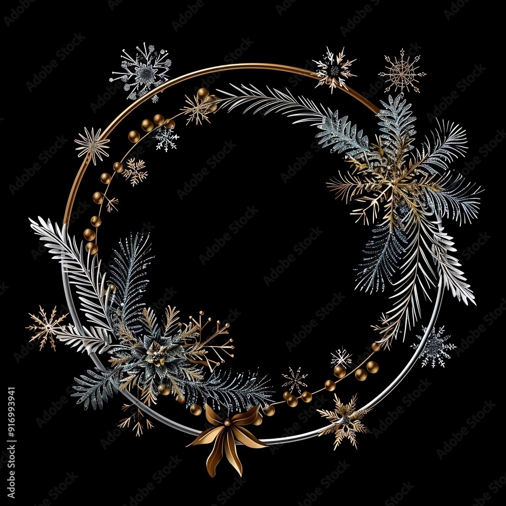 Wall mural Elegant winter wreath adorned with metallic snowflakes and pine branches on a black background, perfect for festive and holiday designs.