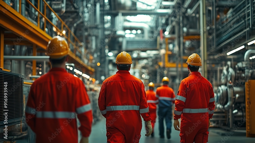 Fototapete group of diversity teamwork engineers technician and workers team in safety uniform having discussion while walking through heavy industry manufacturing factory : Generative AI