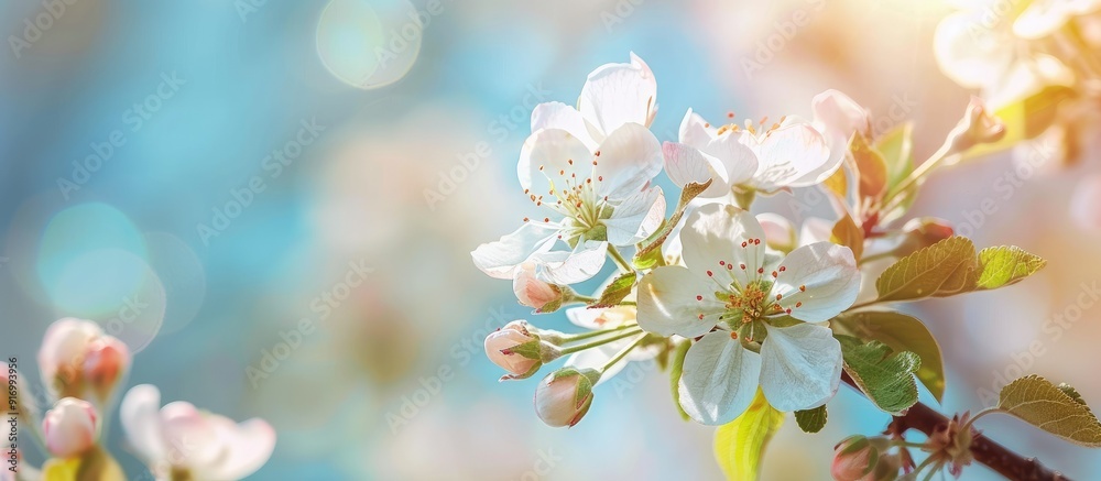 Poster white apple blossom flower in close up on apple tree branches against a blue sky background with sel