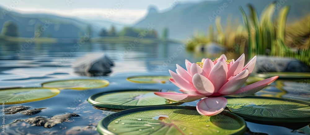 Poster close up of a stunning pink lily with a lake in the background and room for text or other graphic el