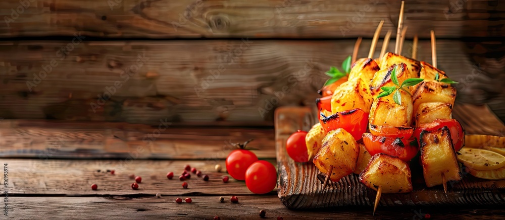 Poster Skewer with fresh fries on a wooden backdrop creates an inviting copy space image