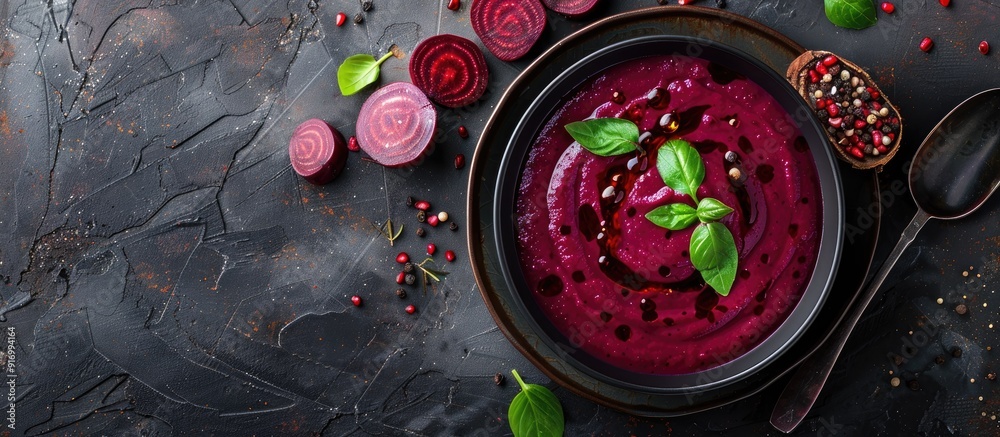 Poster Spring soup featuring fresh and vibrant young beetroot perfect with a tantalizing copy space image