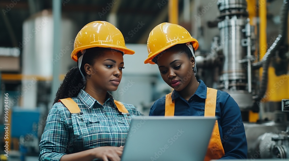 Poster two female heavy industry employees in hard hats at factory discussing job assignments at industrial