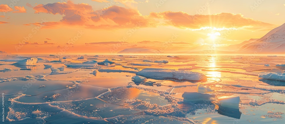 Poster sunset casts a warm glow on clear ice floes creating a stunning copy space image