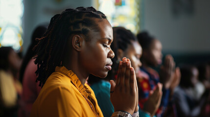 Group of black women immersed in prayer during a religious gathering, hands clasped in reverence