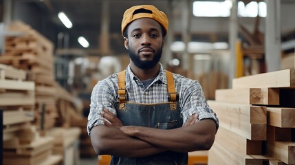 African american carpenter in woodworking shop inspecting wood before assembling furniture BIPOC cabinetmaker in joinery studio evaluating lumber block checking for damages : Generative AI