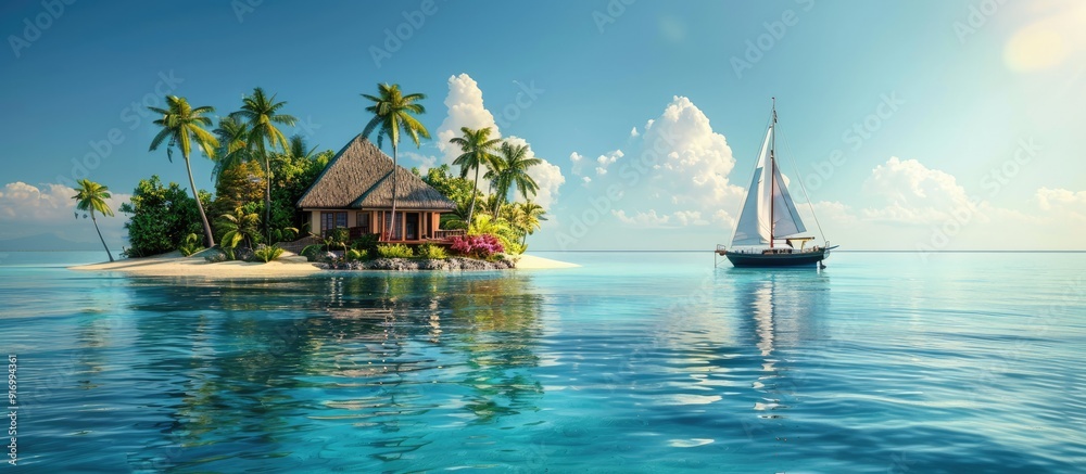Poster Small tropical island resort with a sailing boat anchored in front ideal for a copy space image