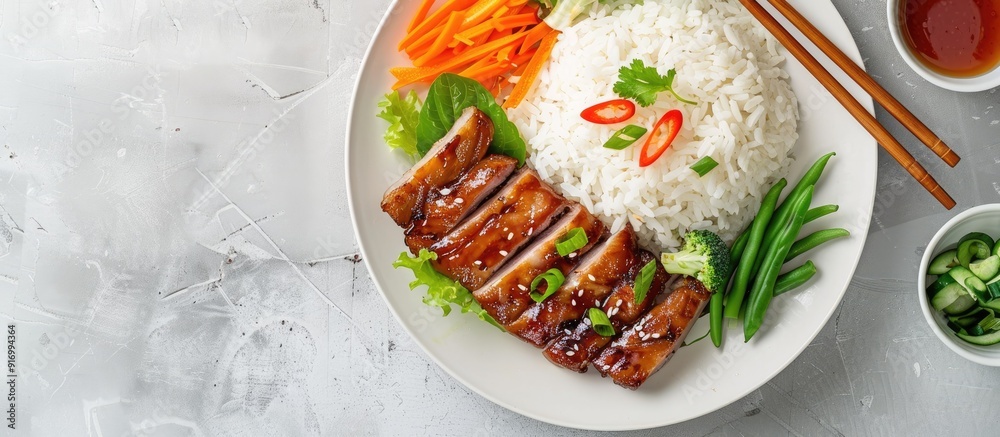 Poster Vietnamese inspired caramel pork served with rice vegetables and a blank space for an image. . image with copy space