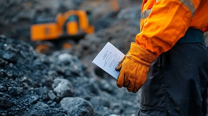 Construction miner supervisor wearing safety glove signing working at height working permit on open field job site prior to starting high risk rope access working at height constructio : Generative AI