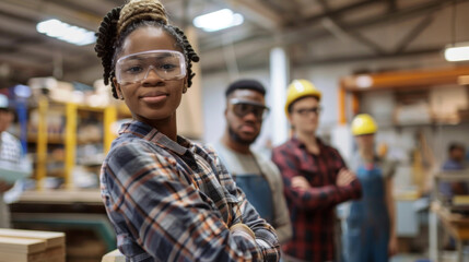 Confident afro american young woman in safety glasses stands before students in a workshop