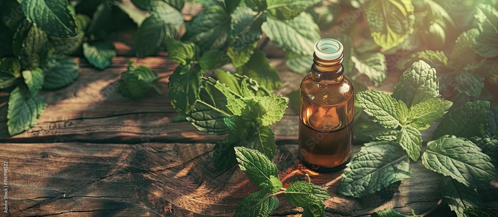 Canvas Prints On a wooden table there is a bottle of mint essential oil placed beside fresh leaves providing a copy space image