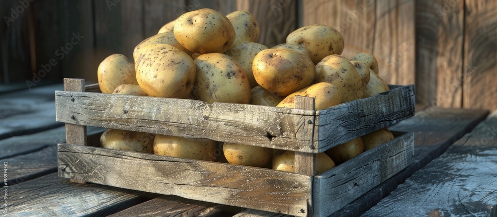 Aufkleber Potatoes set in a rustic wooden crate with a background ideal for adding text or images a copy space image