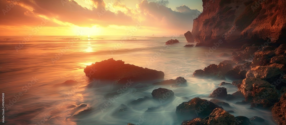Poster rocky coast during sunset captured in a long exposure shot with a copy space image available