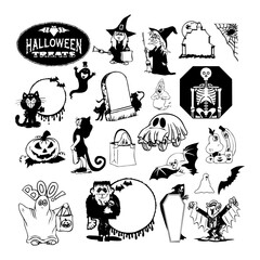 Obraz premium Set of Premium Halloween Ghost Skeleton silhouettes Title black icon and character Vector illustration Isolated on white background