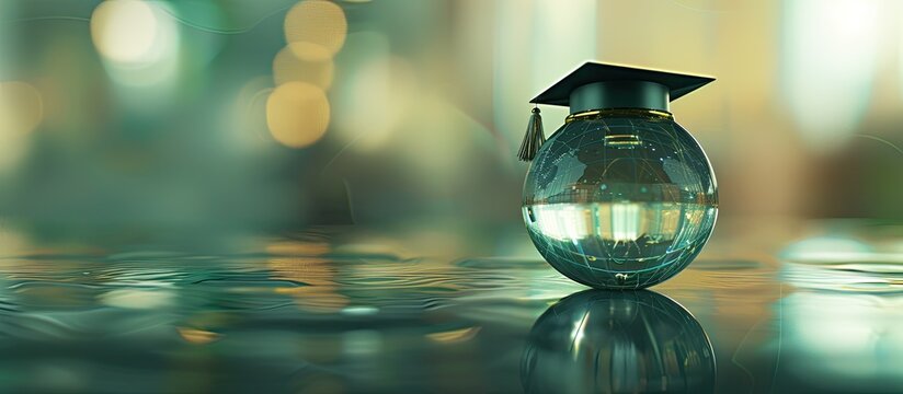 Glass globe with a graduation cap on top ideal for an educational concept or back to school theme with a blank area for text or other images in the background. Copy space image