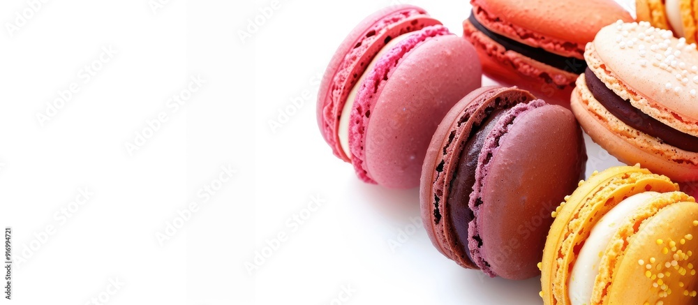 Poster Close up of vibrant macarons against a white backdrop with ample copy space image