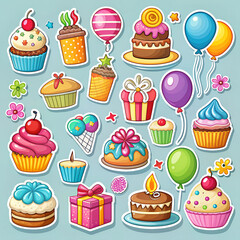 Set of cute bright stickers with cake, balloons, gifts on blue background