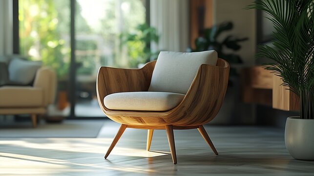 Digital 3D model of stylish wooden chair for carpentry project displayed on laptop computer screen Holographic virtual display of professional ai software for furniture design creation : Generative AI