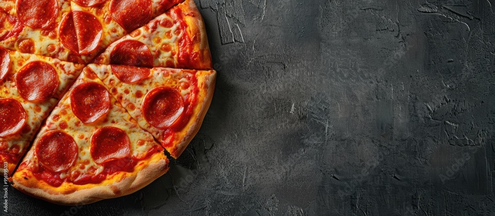 Poster pizza topped with slices of spicy pepperoni shown in a copy space image