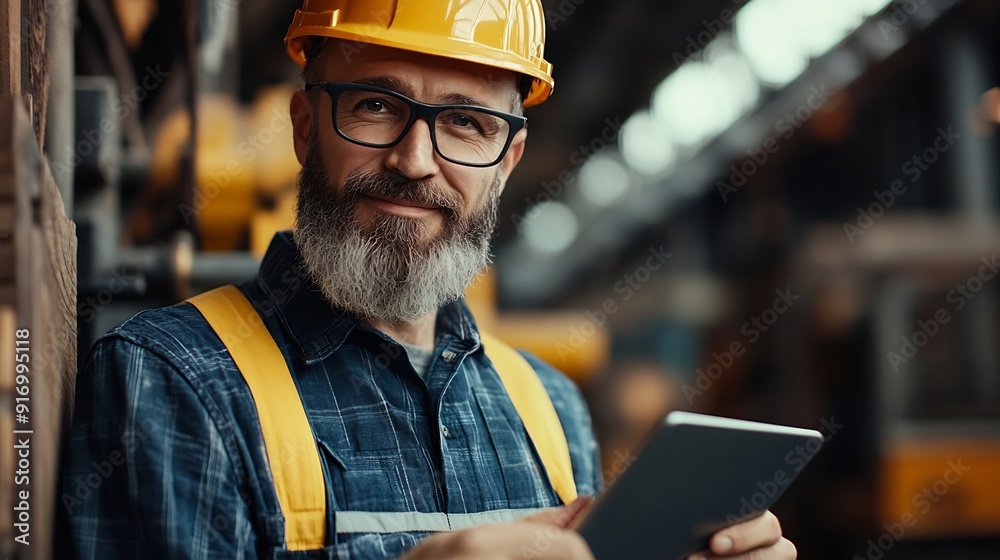Fototapete Mature bearded man on construction site Engineer in uniform and glasses holds tablet background of workflow An employee notes something in his gadget in workshop Diversity of proffesio : Generative AI