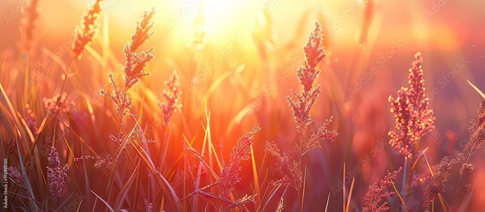 Poster sunrise illuminating a phalaris arundinacea with copy space image