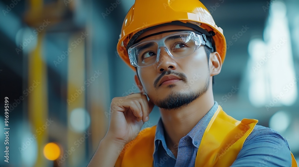 Aufkleber construction worker thinking serious man with ideas and architect or engineer in building industry o