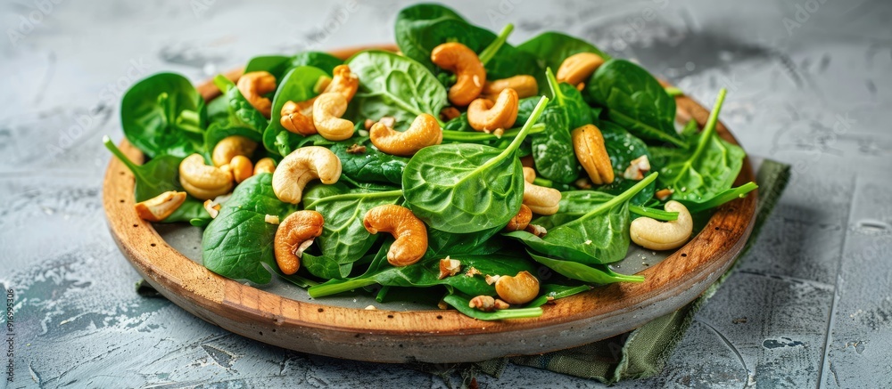 Aufkleber Spinach salad with cashews on a wooden plate displayed on a concrete table with copy space image
