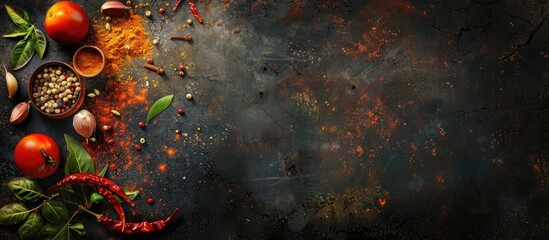 Indian spices with a rich aroma surrounding a copy space image over a textured dark background