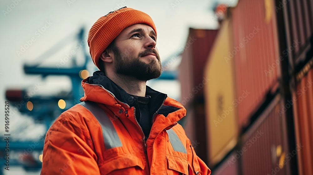 Wall mural Offshore technician Seafarer Seaman Navigator A man in a boiler suit is standing in front of the port Seafarer in front of the container terminal : Generative AI