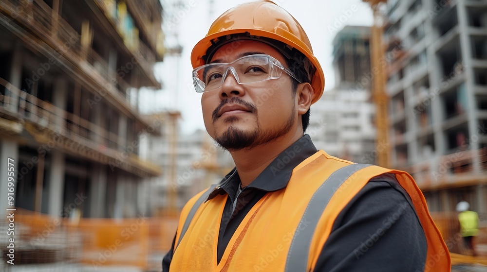 Poster Portrait of cvil engineer with safety uniform working at construction site outdoor Construction worker checking and controlling project on building site Architecture engineering on new : Generative AI