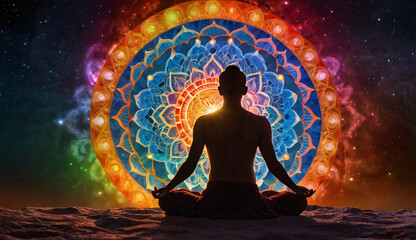 Person in a yoga pose, seven glowing chakras aligned on their body. Vibrant energy patterns swirl around, set against a vast, tranquil universe backdrop, symbolizing balance, energy, and inner peace.