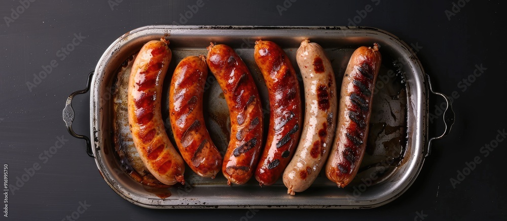 Sticker Top view of grilled Bratwurst and Chorizo sausages on a steel serving tray against a black backdrop creating a copy space image