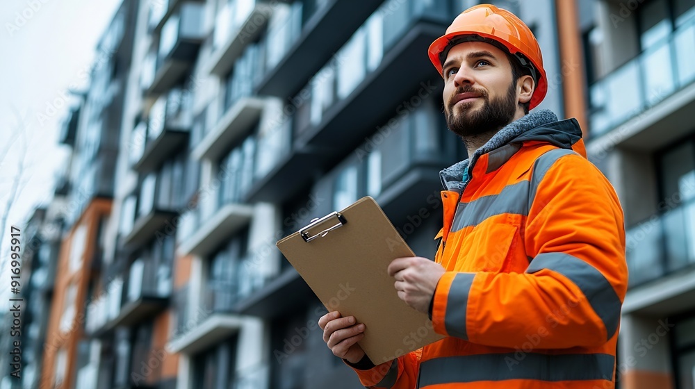Poster Construction portrait man and architect with clipboard for building inspection and project management with ppe safety Engineer guy paper or checklist in city for property maintenance o : Generative AI