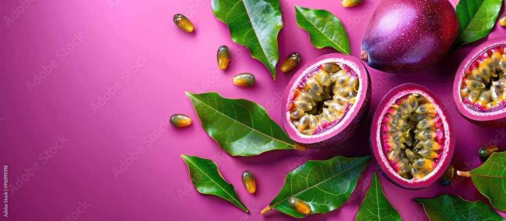 Poster Passion fruits presented in a vibrant and enticing manner with a captivating background perfect for including text or designs creating an eye catching copy space image