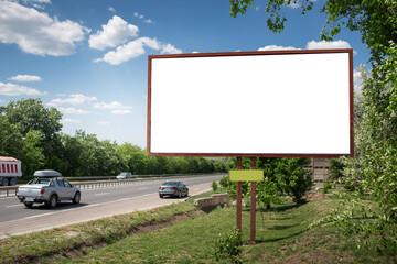Empty blank billboard mockup, near highway, asphalting road.