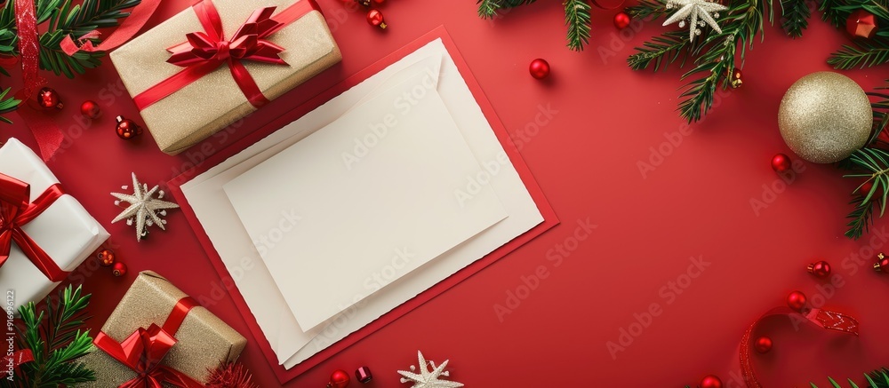Poster a festive paper card for the new year placed by a gift box with copy space image