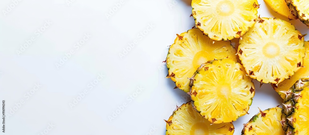 Poster pineapple slices on a white background with copy space image