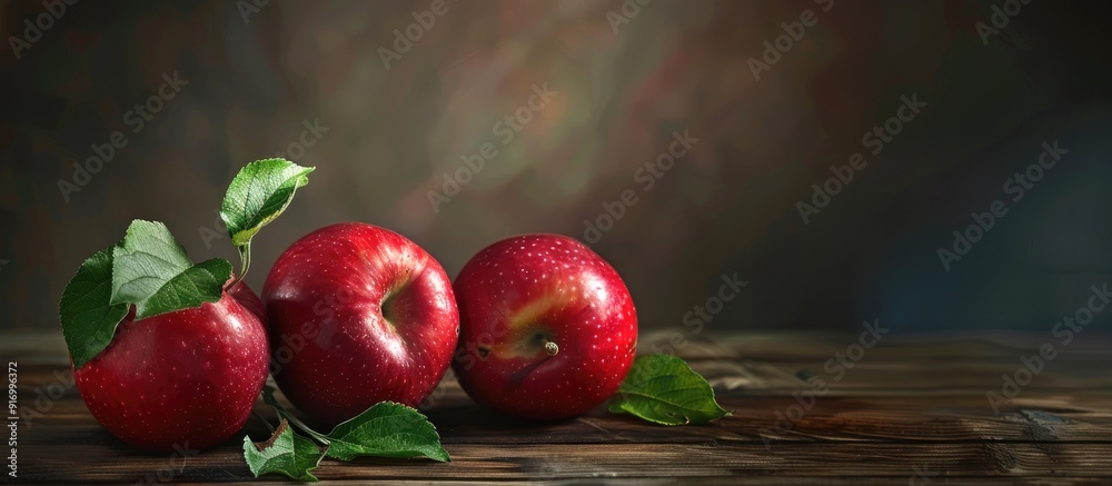 Poster Red ripe apples with leaves arranged on a wooden table with space for text or images. . image with copy space
