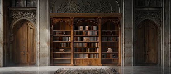 A frontal shot displays a compact wooden bookshelf housing Quran inside a mosque with room for text and the idea of Muslim literature. Copy space image. Place for adding text and design