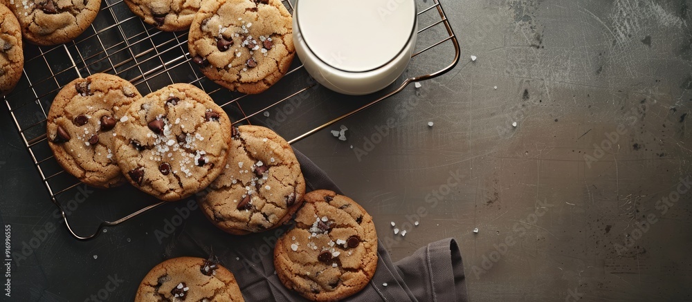 Poster Overhead shot of chocolate chip cookies on a cooling rack with flaky salt served alongside cold milk creating a delectable scene with copy space image