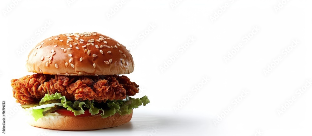 Poster Burger with crispy chicken on a white backdrop with copy space image