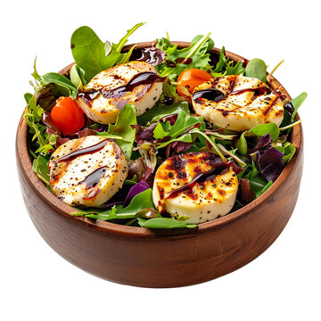 Front view of Salade de Ch&egrave;vre Chaud (warm goat cheese salad) with toasted goat cheese on a bed of mixed greens, drizzled with honey and balsamic vinaigrette, isolated on a white transparent backgroun