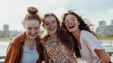 Fototapeta premium Three young women laughing together on coastal boardwalk during sunny day
