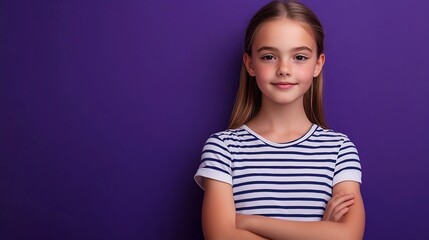 Fototapeta premium Photo of funny optimistic cute girl with straight hairdo wear striped tshirt hold arm on waist isolated on purple color background : Generative AI