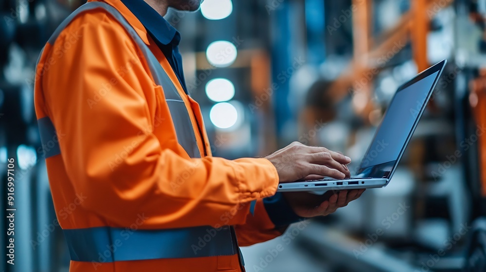 Poster safety manager inspection safety system factory engineer laptop computer technology : generative ai