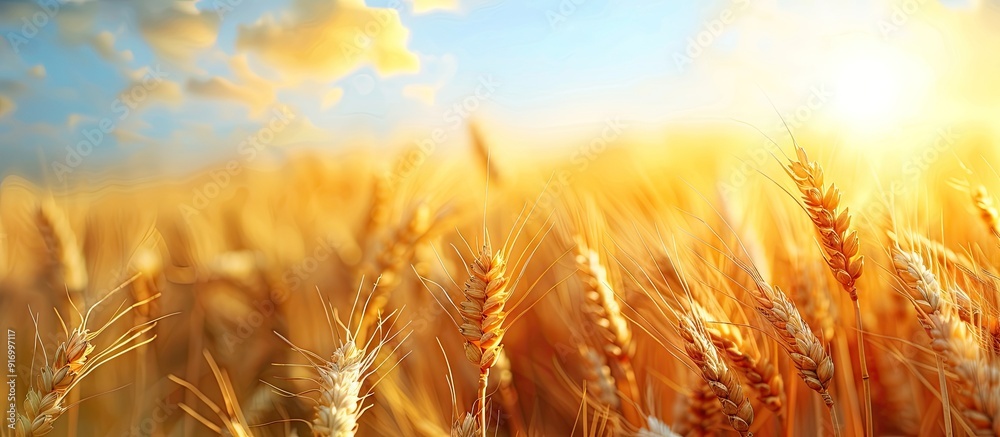 Poster rural landscape with a wheat field on a sunny day featuring a close up of ripening wheat ears creati